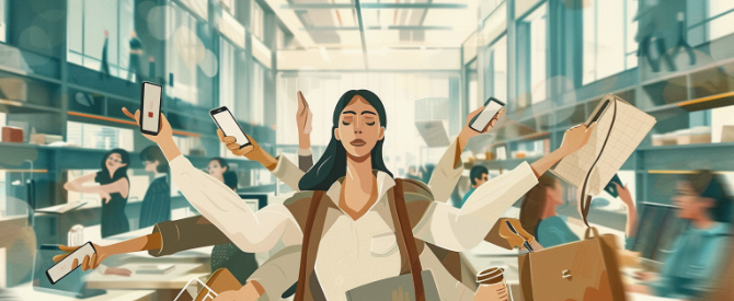 Illustrated woman multitasking with six arms in a busy office, holding a phone, coffee, and documents