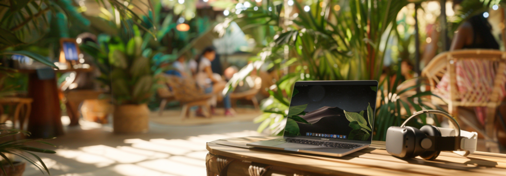 Laptop on a wooden table surrounded by lush indoor plants in a tropical cafe, with people in the background.