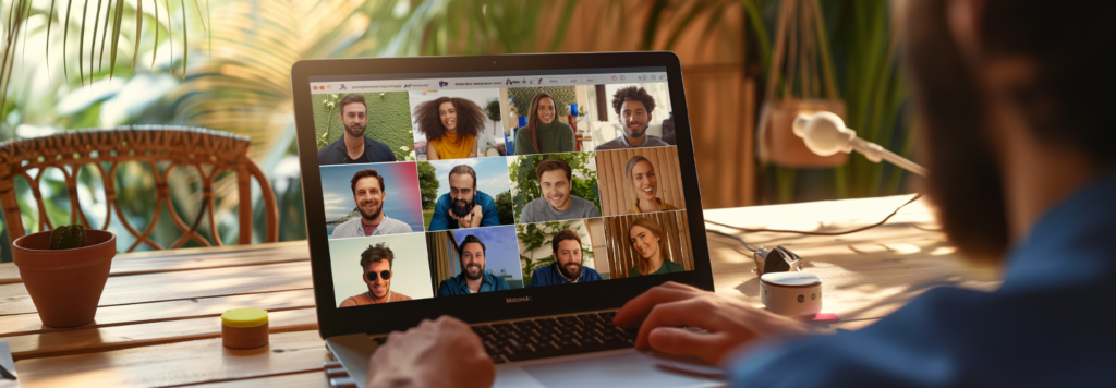 Close-up view of a laptop screen displaying a video call with diverse faces, illustrating remote collaboration