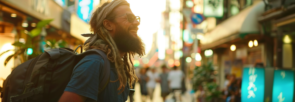 Smiling bearded man with dreadlocks exploring an urban street, embodying the freedom of a digital nomad