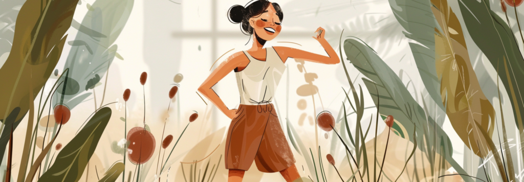 Animated woman in a garden with tall plants and floating orbs, expressing joy and freedom.