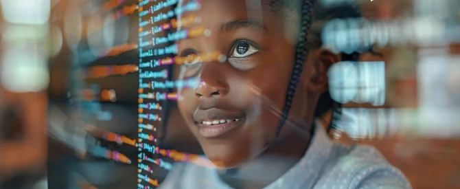 Child at a computer with colourful digital graphics