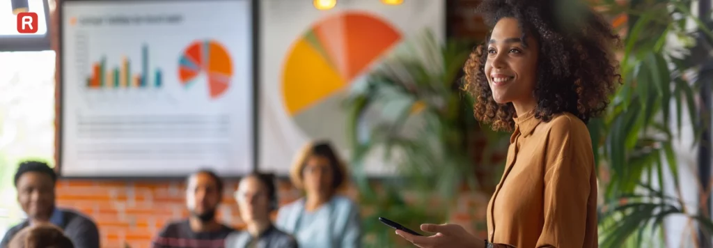 Woman presenting data analysis charts to a group, IT Girls in tech.