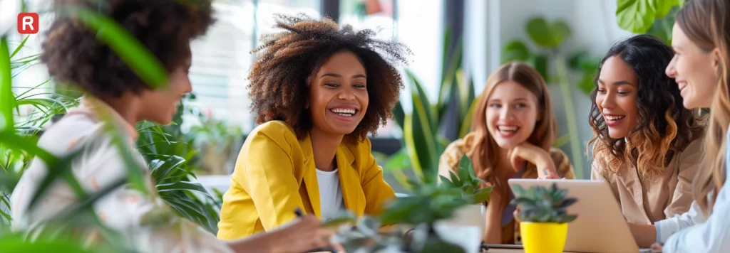 Group of women collaborating and laughing in a tech workspace, IT Girls.