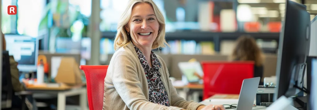 Woman smiling and working at her desk in a modern office, IT Girls.