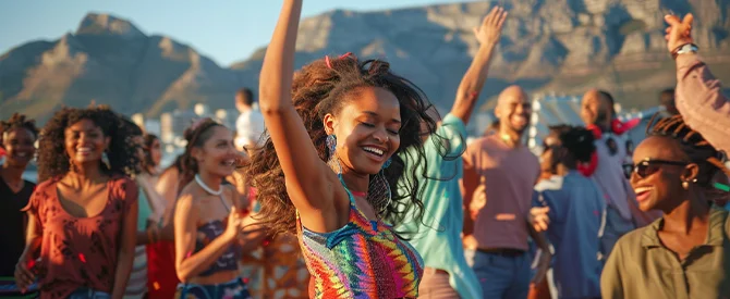 A joyful celebration in South Africa with people dancing outdoors against the backdrop of Table Mountain.