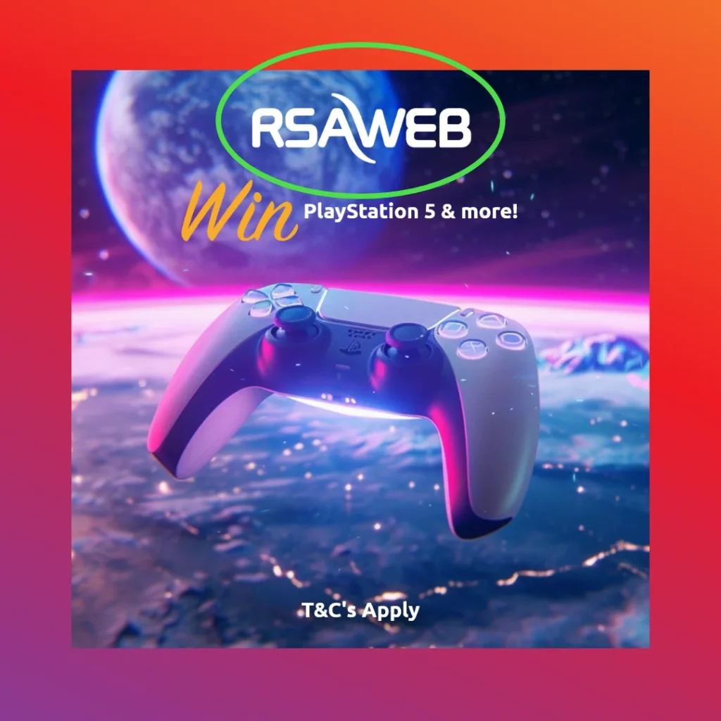 Promotion for a PlayStation 5 giveaway featuring the RSAWEB logo and a cosmic-themed background.