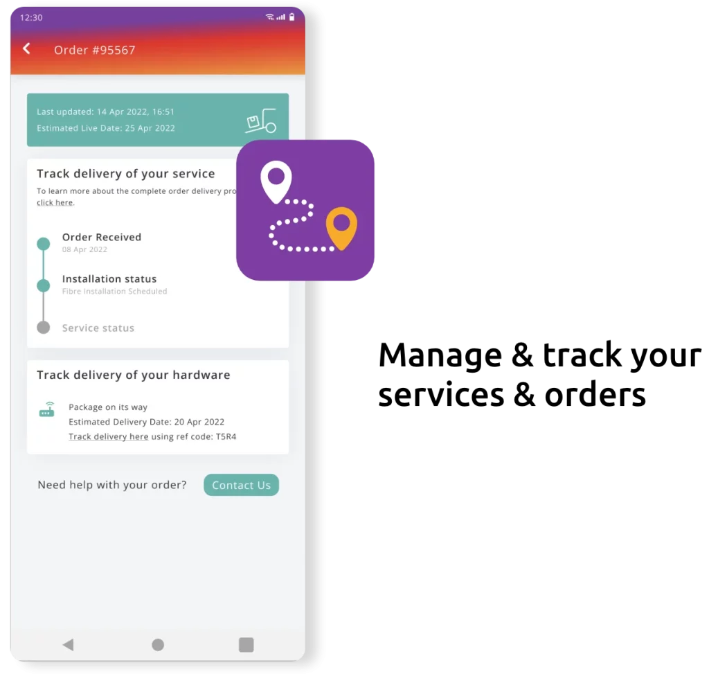 A mobile app screen showing the tracking of service and hardware delivery for order