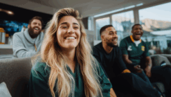 People smiling while sitting on a couch