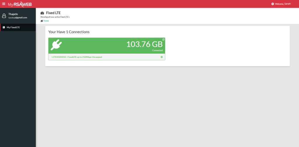 MyRSAWEB Portal page showing the option to purchase an LTE Top-Up for a capped package.
