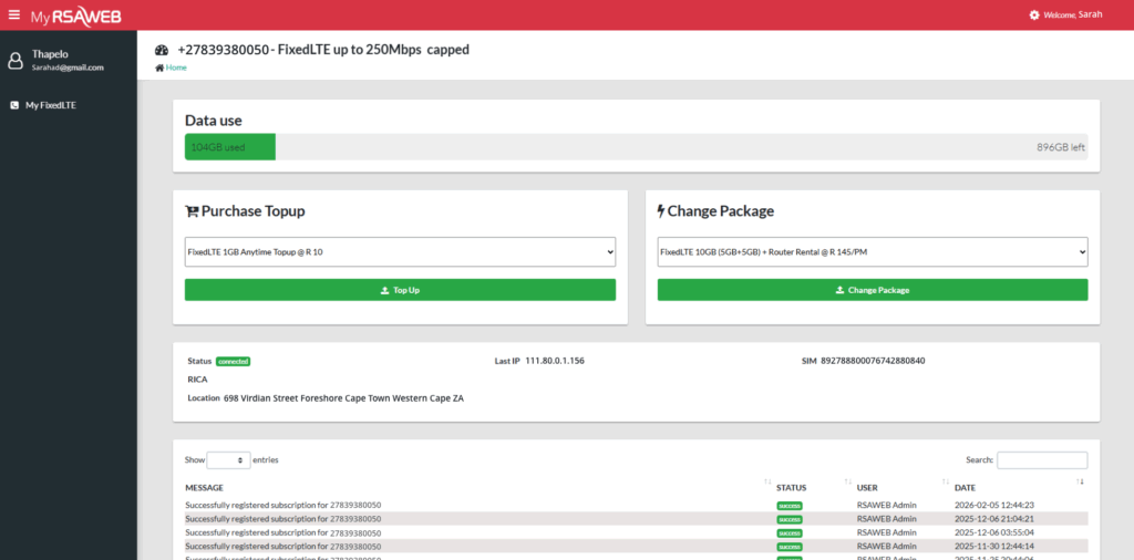 MyRSAWEB Portal page displaying LTE data usage after reaching the Acceptable Usage Policy threshold.